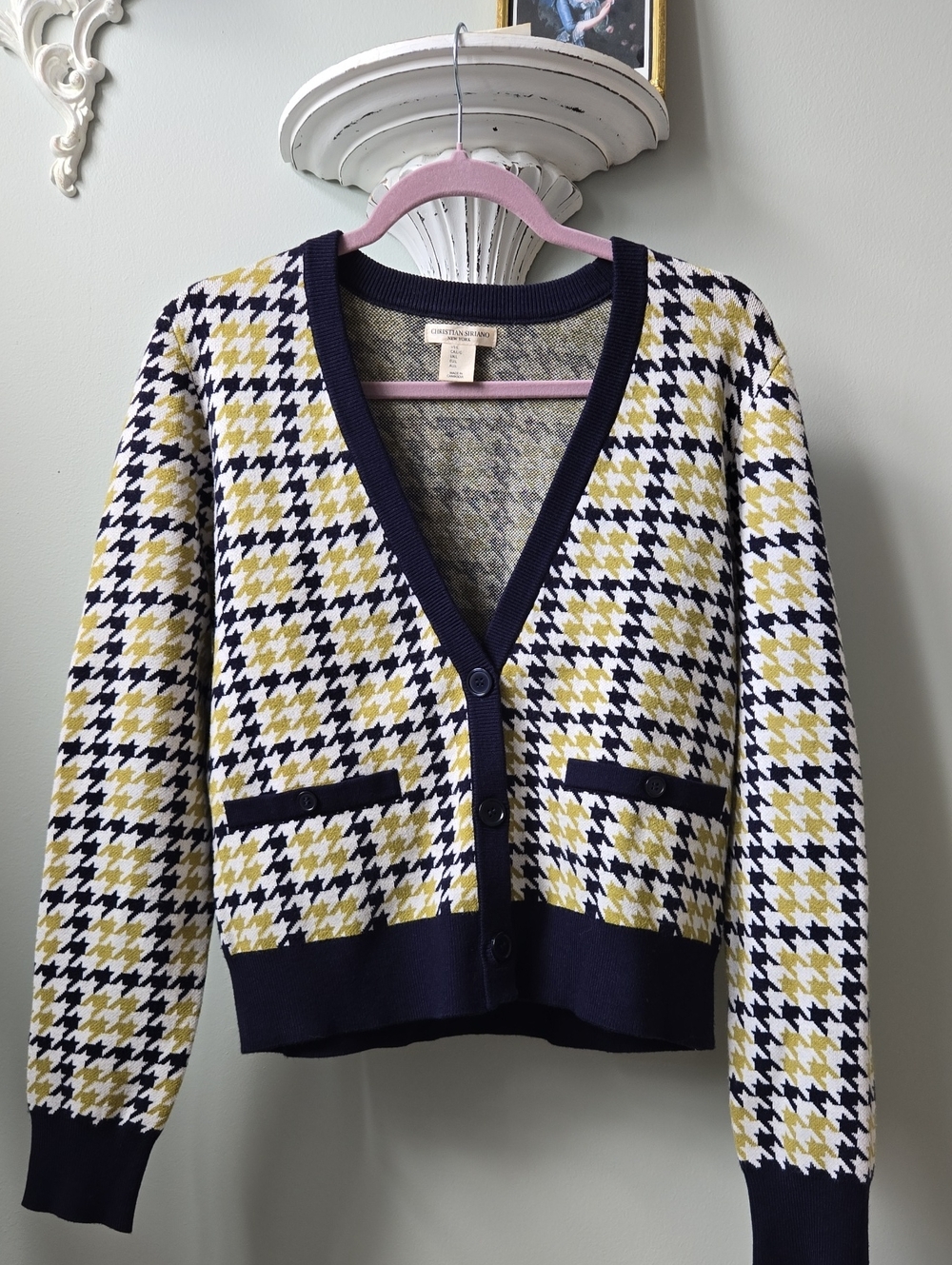 Green, Navy, And White Houndstooth V-Neck Cardigan